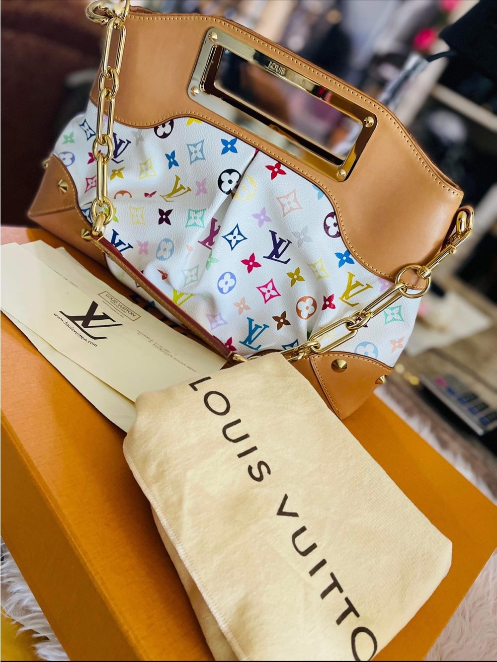 Louis Vuitton Multicolor Monogram White Canvas Shoulder Bag with Tan Leather